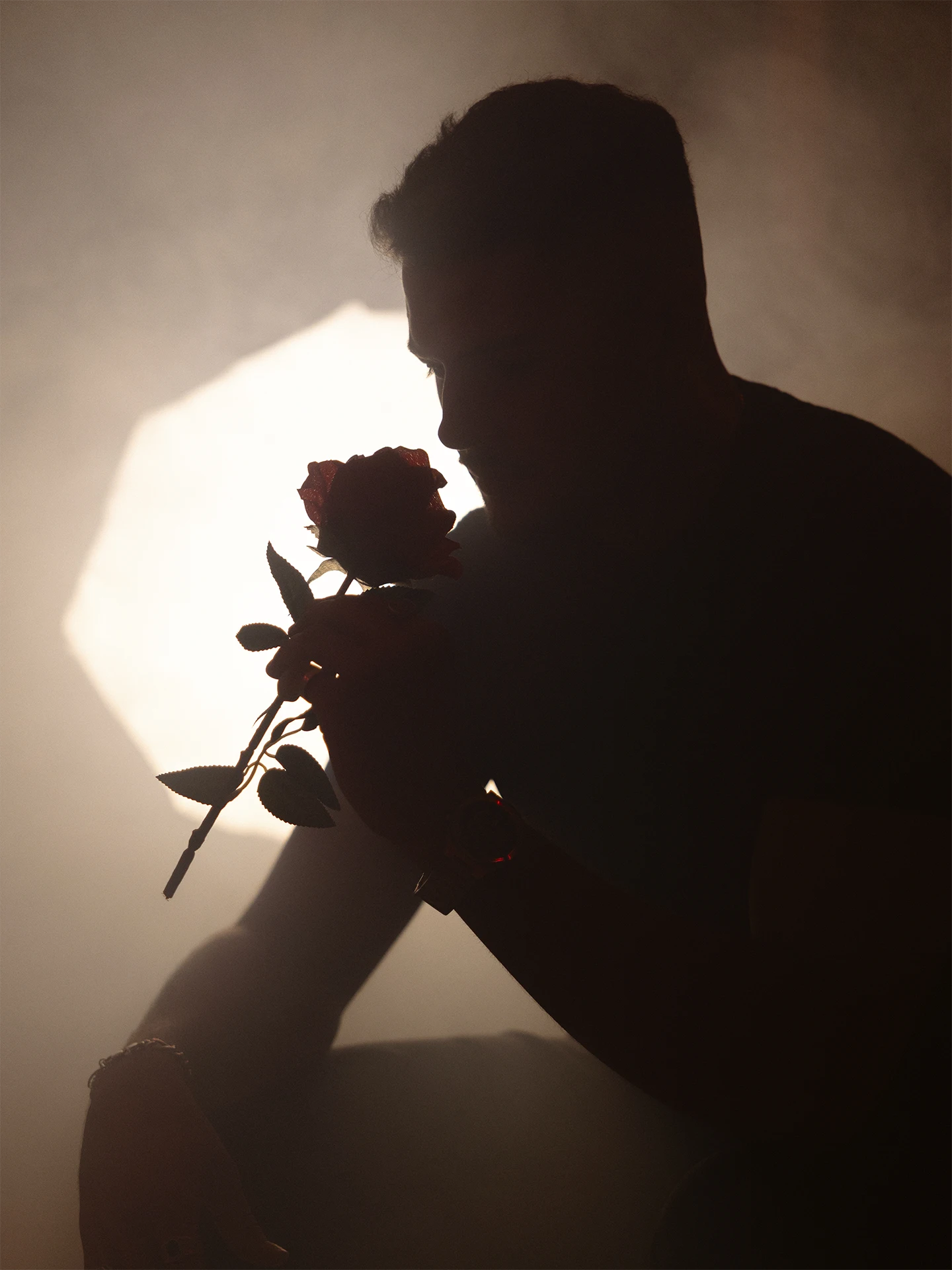 TEETE seated in silhouette, holding a red rose close to his face against warm backlight and haze.