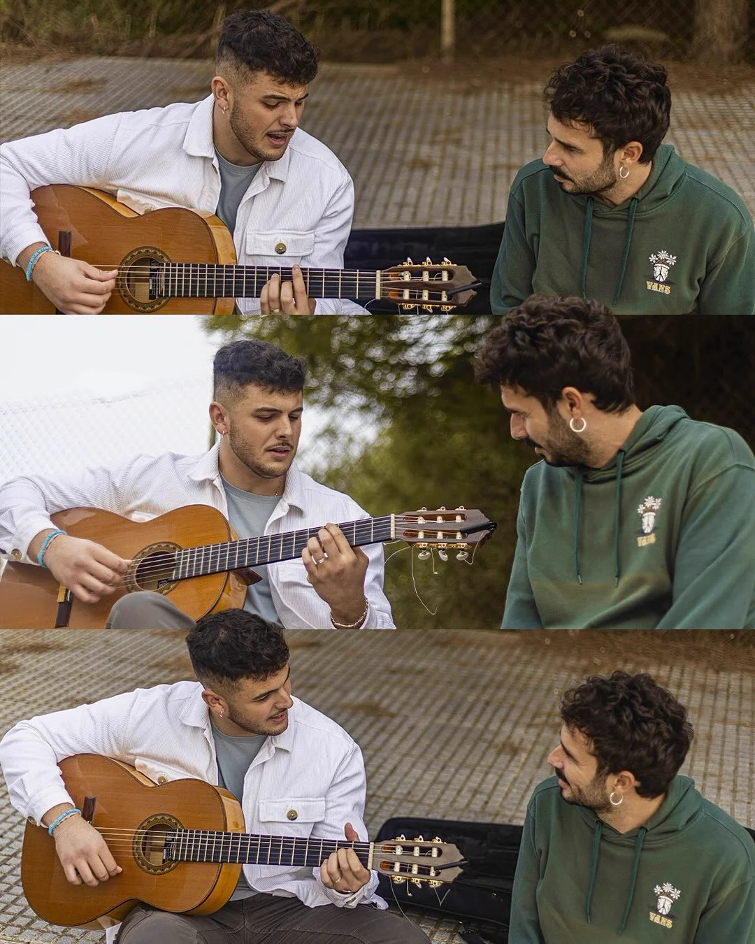 Three-frame collage showing two artists sitting outdoors during an acoustic live session, with one playing a Spanish guitar.