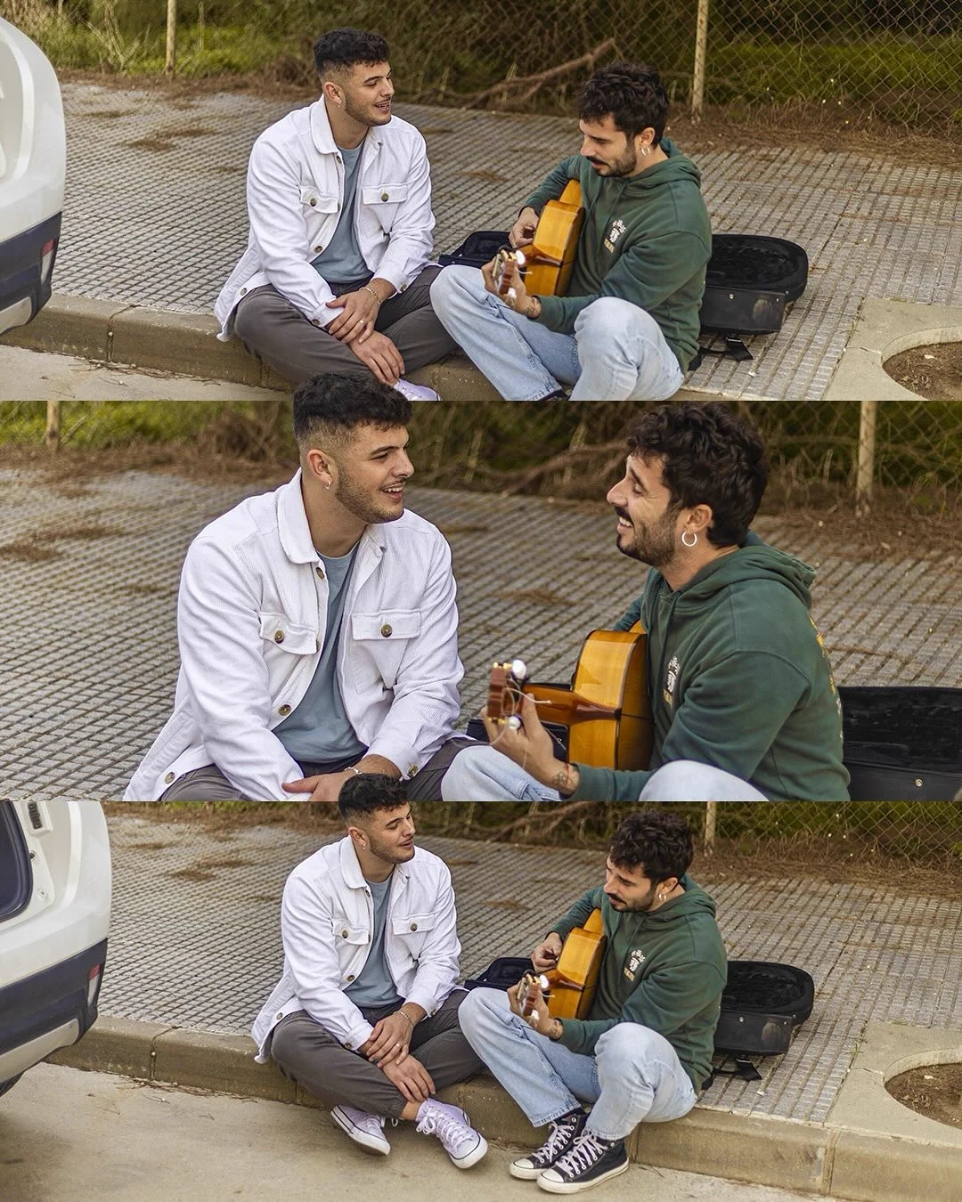 Three-frame collage showing two artists sitting outdoors during an acoustic live session, talking and laughing.
